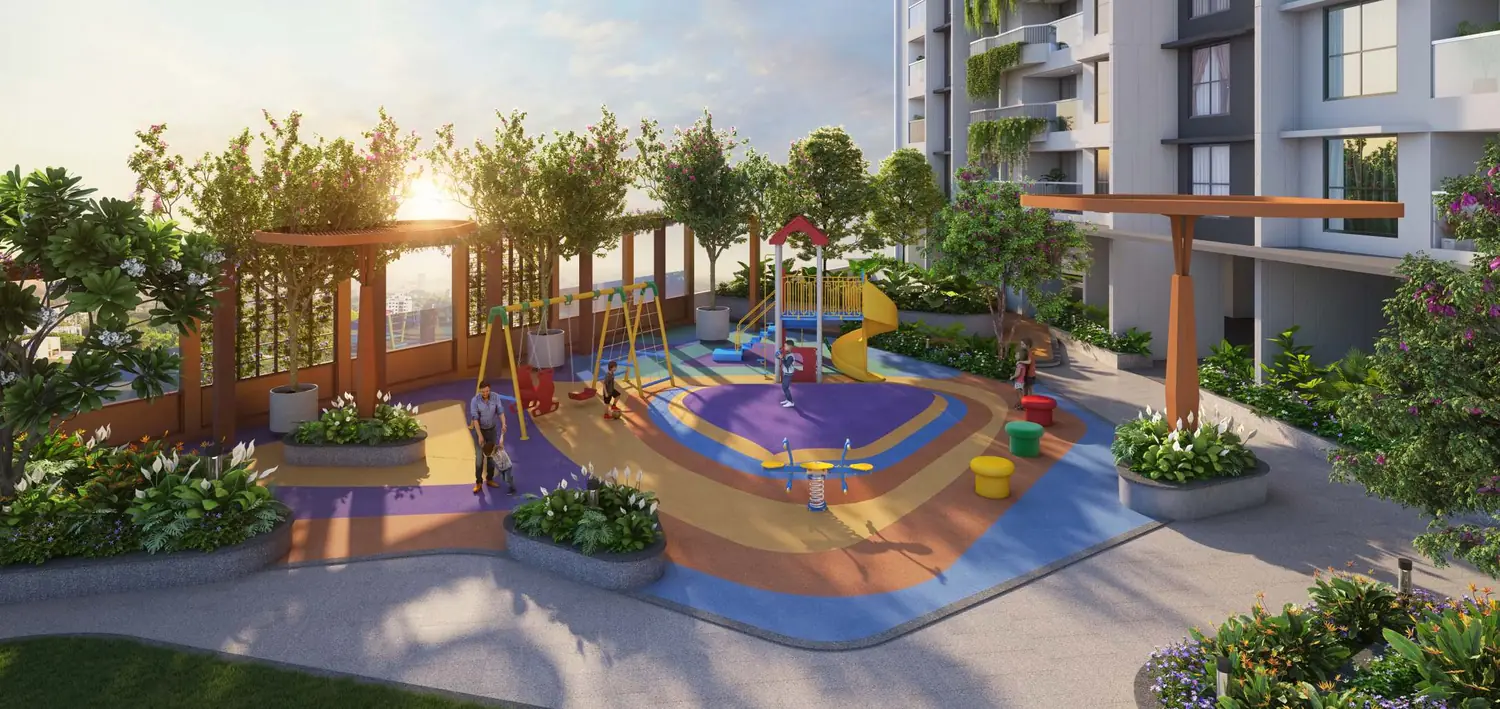 A colourful children's play zone at golden hour