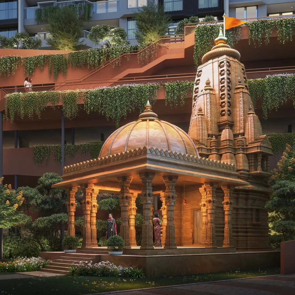 The carved stone Shri Ram temple lit at dusk