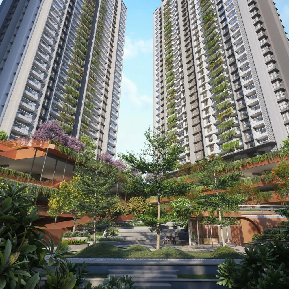 Towers rising above terraced gardens