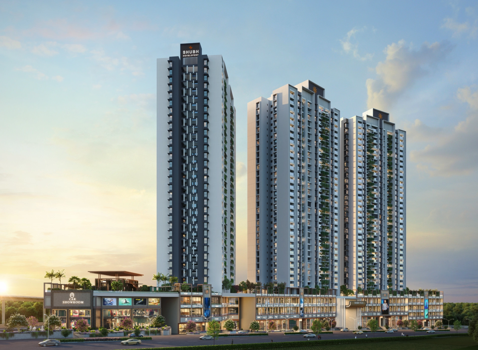 Shubh Veda towers at sunset: 3 BHK and 4 BHK flats in PCMC, Akurdi
