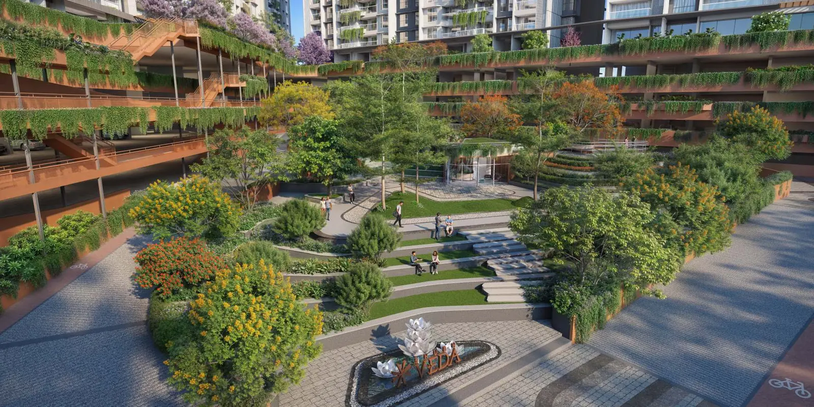 Terraced gardens and flowering trees below copper podium decks