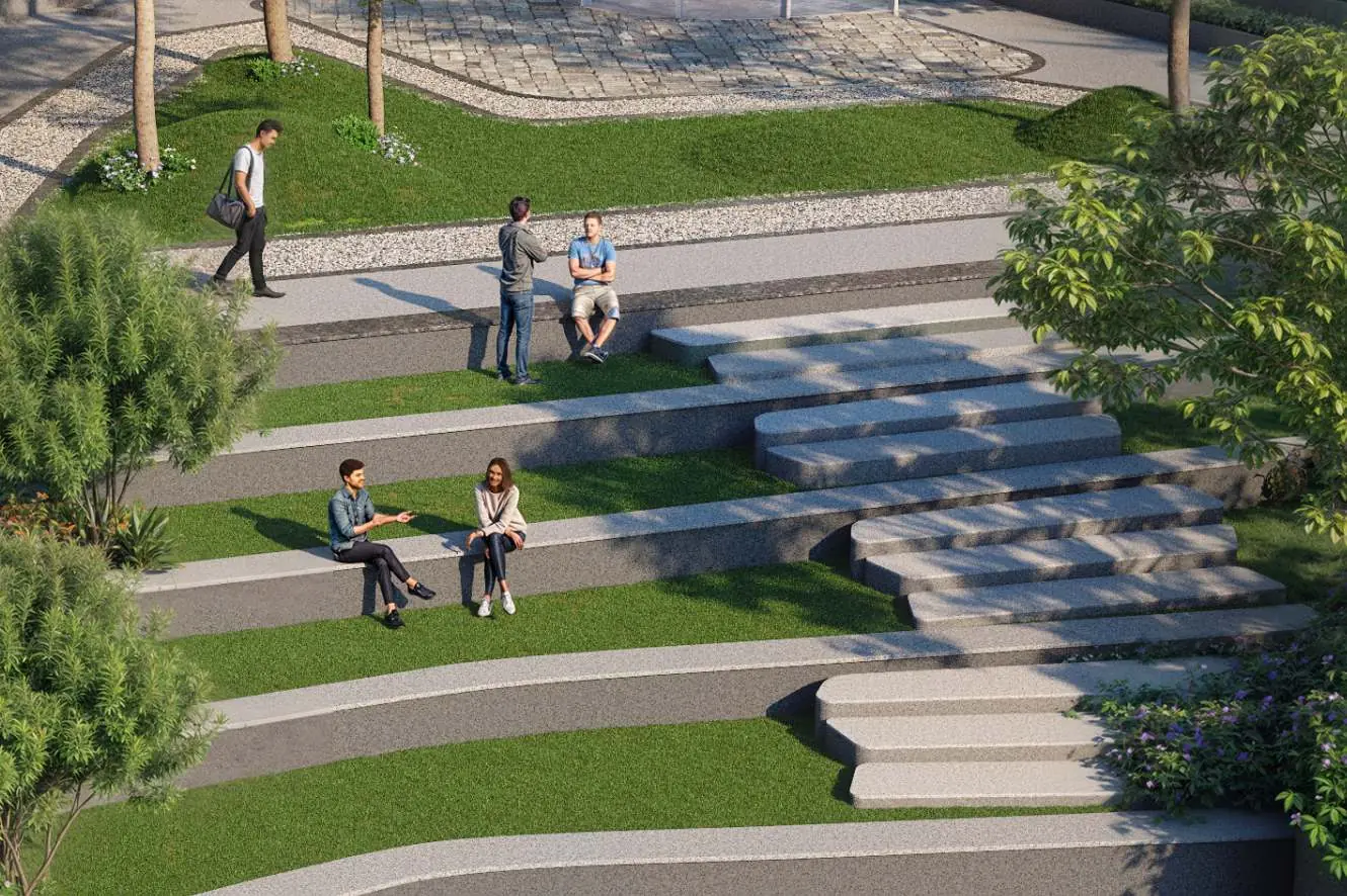 Granite step seating set into lawn terraces